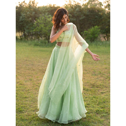 Zoon A Light Green Embroidered- Sequined Lehenga with Blouse and Dupatta (Set of 3)