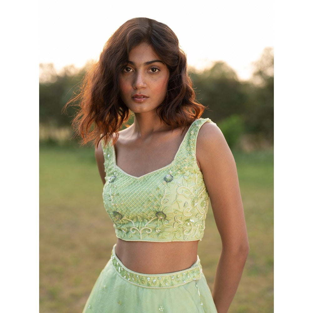 Zoon A Light Green Embroidered- Sequined Lehenga with Blouse and Dupatta (Set of 3)