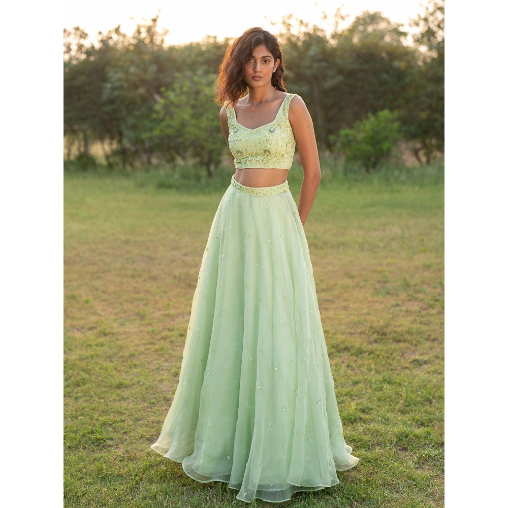 Zoon A Light Green Embroidered- Sequined Lehenga with Blouse and Dupatta (Set of 3)