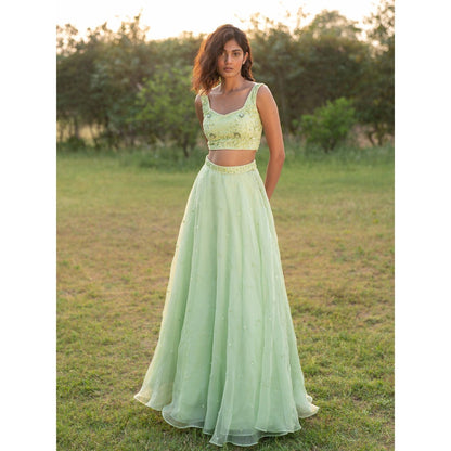 Zoon A Light Green Embroidered- Sequined Lehenga with Blouse and Dupatta (Set of 3)