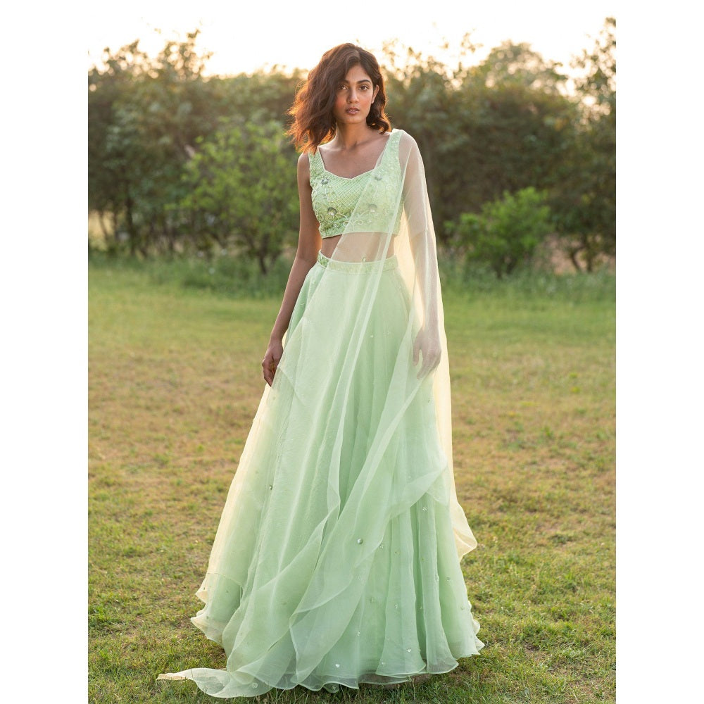 Zoon A Light Green Embroidered- Sequined Lehenga with Blouse and Dupatta (Set of 3)