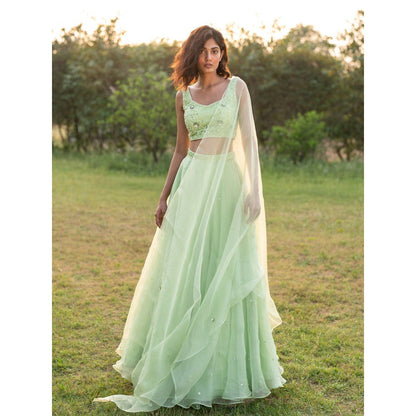 Zoon A Light Green Embroidered- Sequined Lehenga with Blouse and Dupatta (Set of 3)