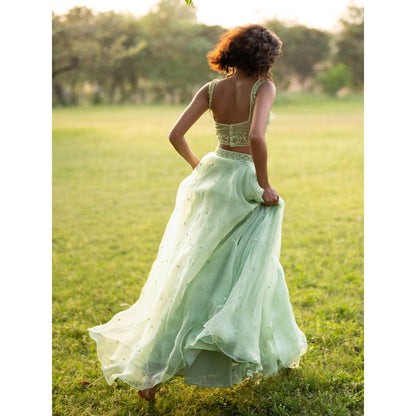 Zoon A Light Green Embroidered- Sequined Lehenga with Blouse and Dupatta (Set of 3)