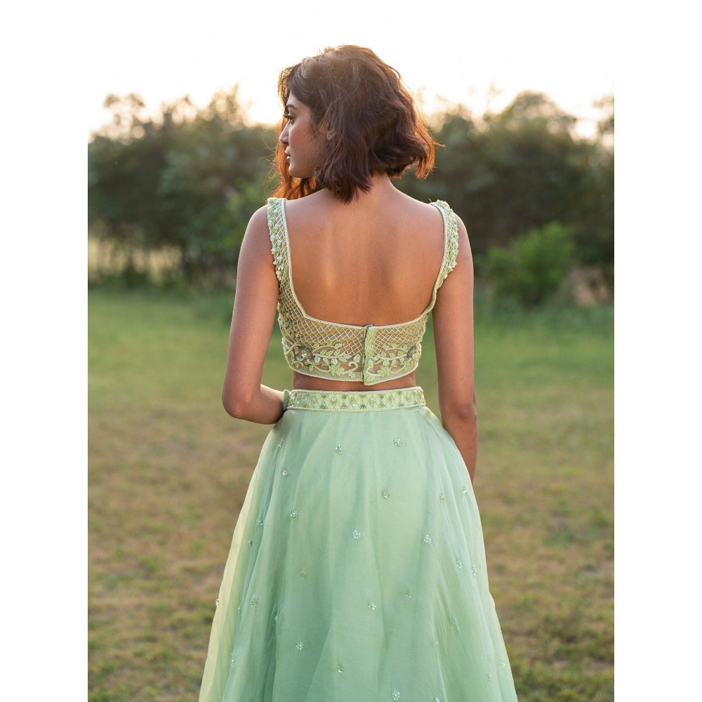 Zoon A Light Green Embroidered- Sequined Lehenga with Blouse and Dupatta (Set of 3)