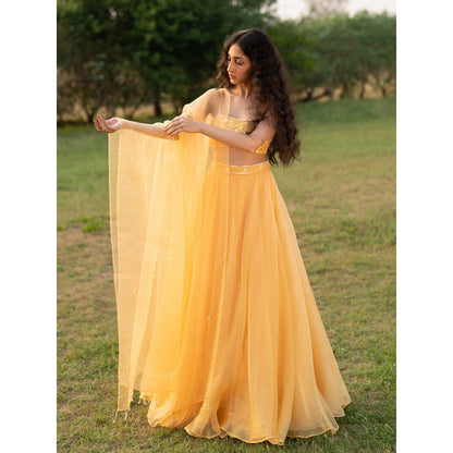 Zoon A Yellow Embroidered- Sequined Lehenga with Blouse and Dupatta (Set of 3)