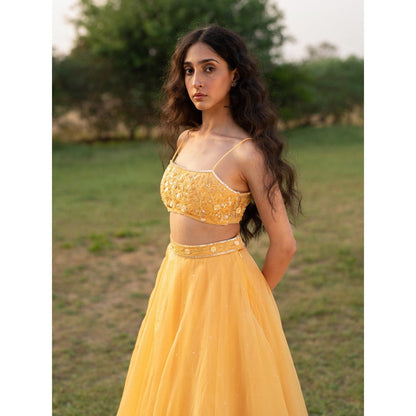 Zoon A Yellow Embroidered- Sequined Lehenga with Blouse and Dupatta (Set of 3)