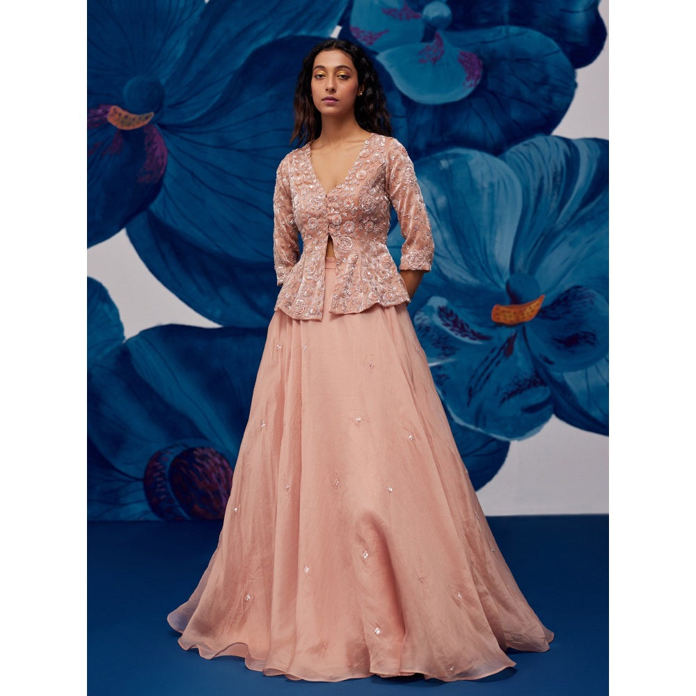 Zoon Rose Gold Embroidered- Sequined Jacket- Lehenga with Blouse and Dupatta (Set of 3)