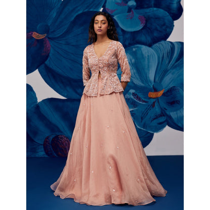 Zoon Rose Gold Embroidered- Sequined Jacket- Lehenga with Blouse and Dupatta (Set of 3)