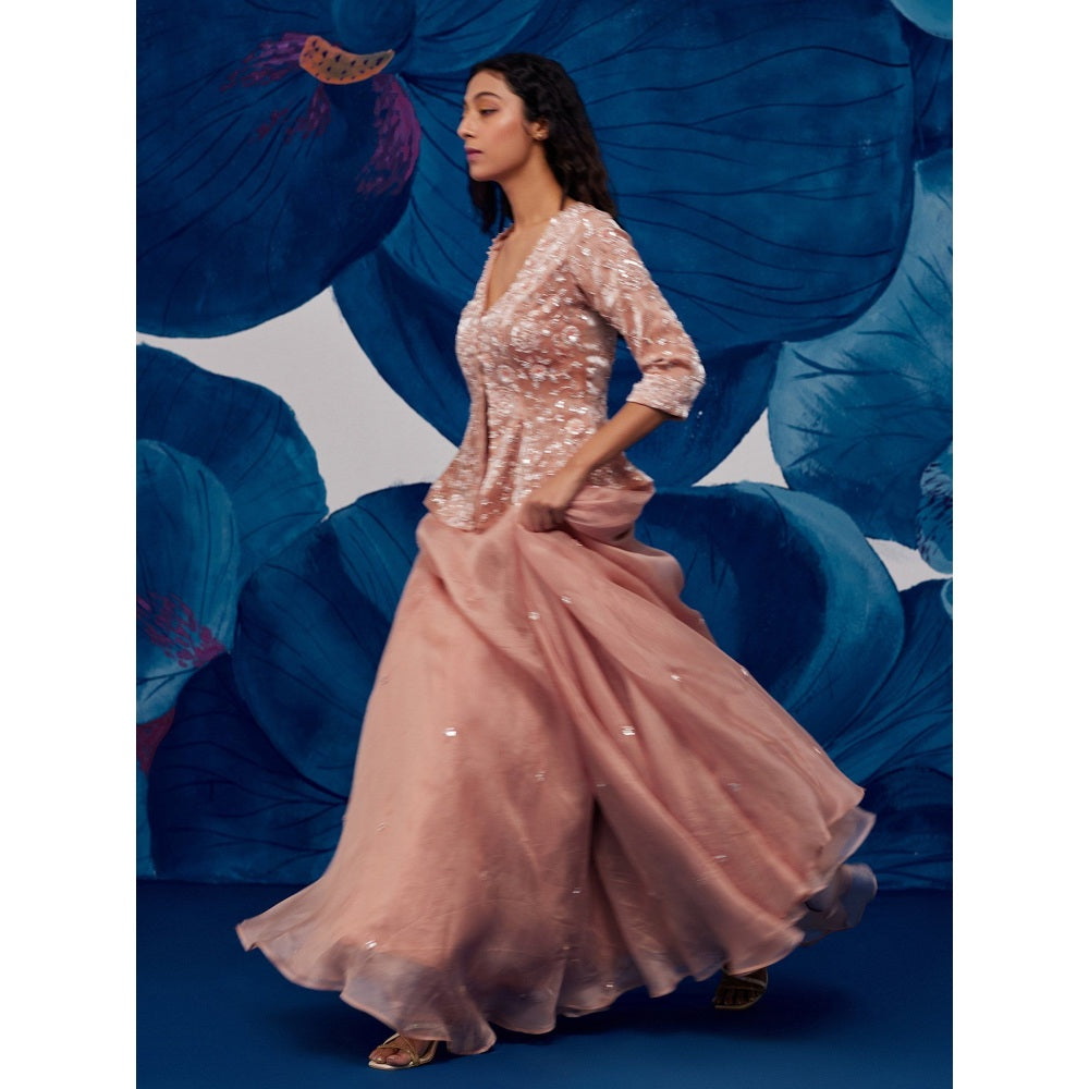 Zoon Rose Gold Embroidered- Sequined Jacket- Lehenga with Blouse and Dupatta (Set of 3)