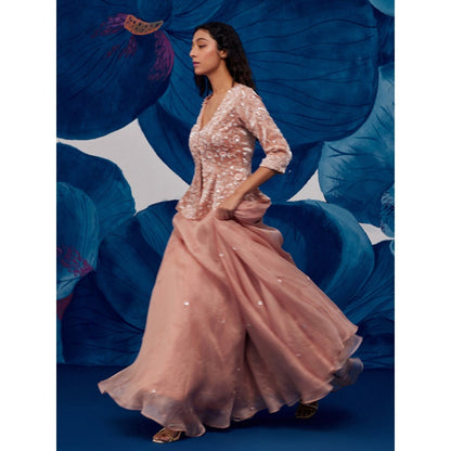 Zoon Rose Gold Embroidered- Sequined Jacket- Lehenga with Blouse and Dupatta (Set of 3)