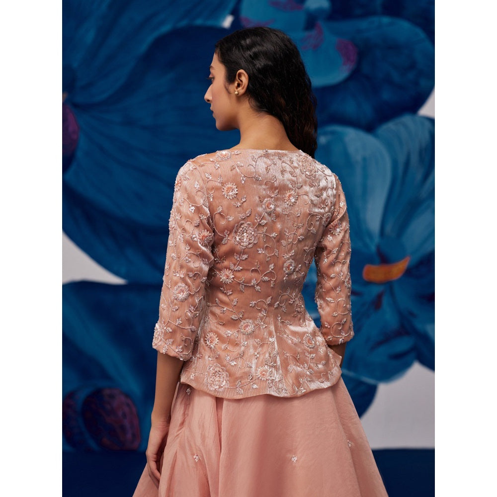 Zoon Rose Gold Embroidered- Sequined Jacket- Lehenga with Blouse and Dupatta (Set of 3)