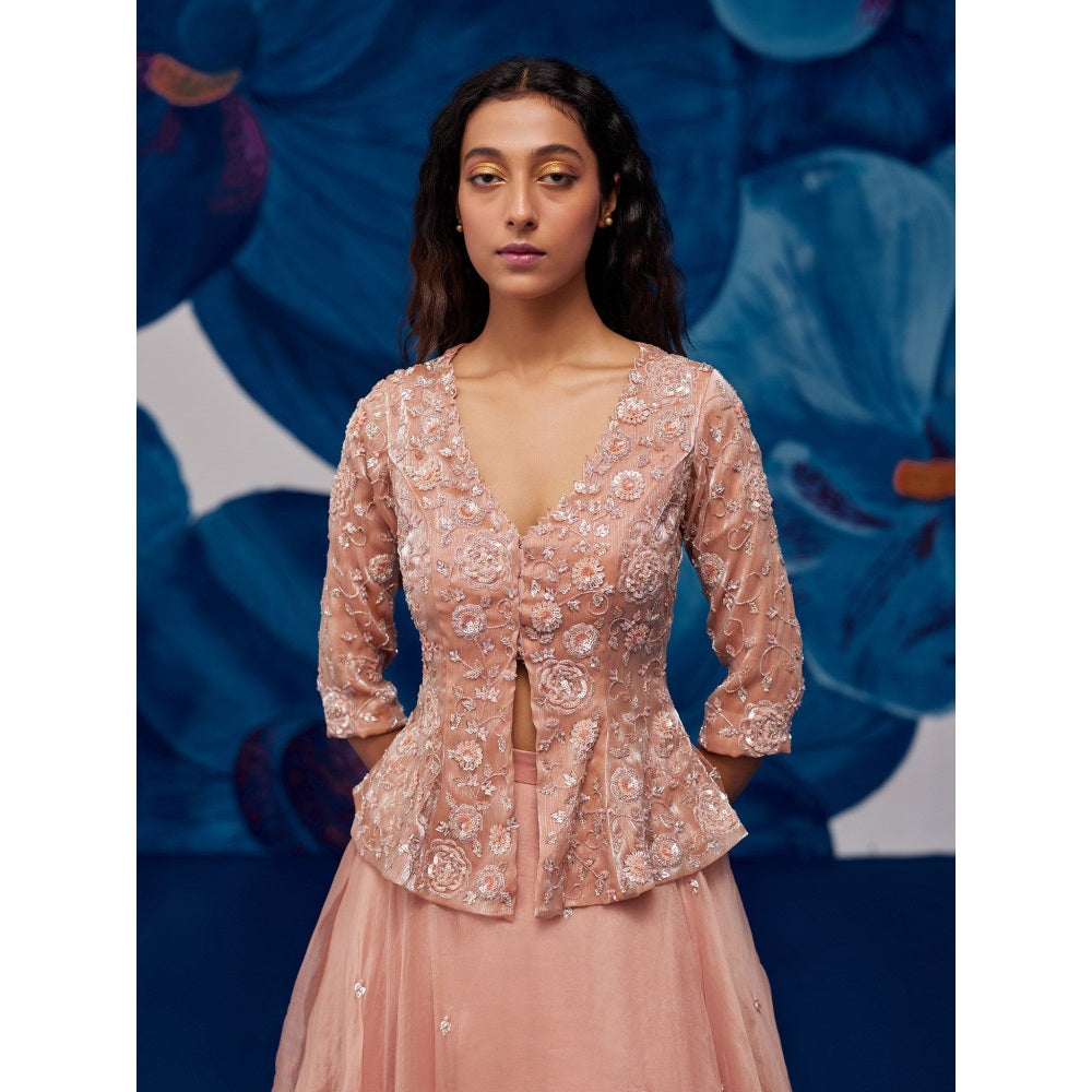 Zoon Rose Gold Embroidered- Sequined Jacket- Lehenga with Blouse and Dupatta (Set of 3)