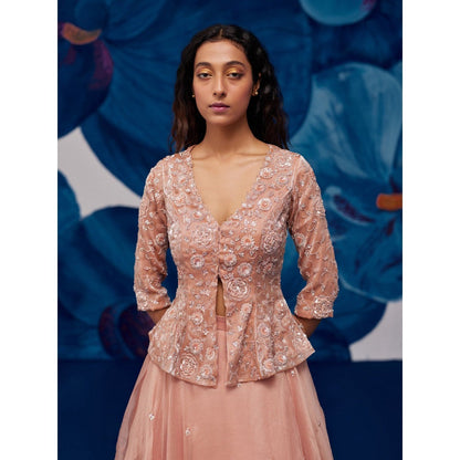 Zoon Rose Gold Embroidered- Sequined Jacket- Lehenga with Blouse and Dupatta (Set of 3)