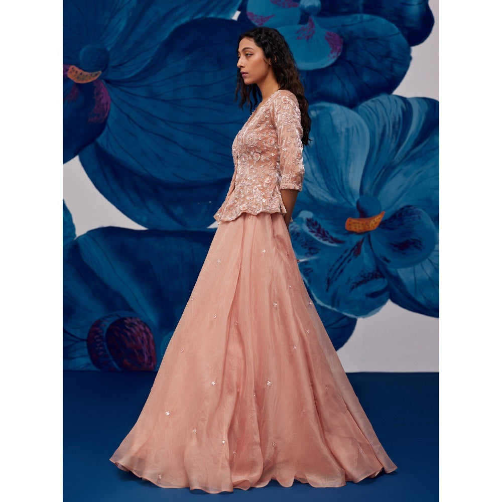 Zoon Rose Gold Embroidered- Sequined Jacket- Lehenga with Blouse and Dupatta (Set of 3)