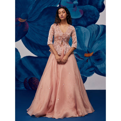 Zoon Rose Gold Embroidered- Sequined Jacket- Lehenga with Blouse and Dupatta (Set of 3)
