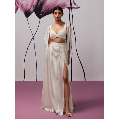 Zoon An Ivory Satin Skirt with Embroidered-Sequined Blouse and Cape (Set of 3)