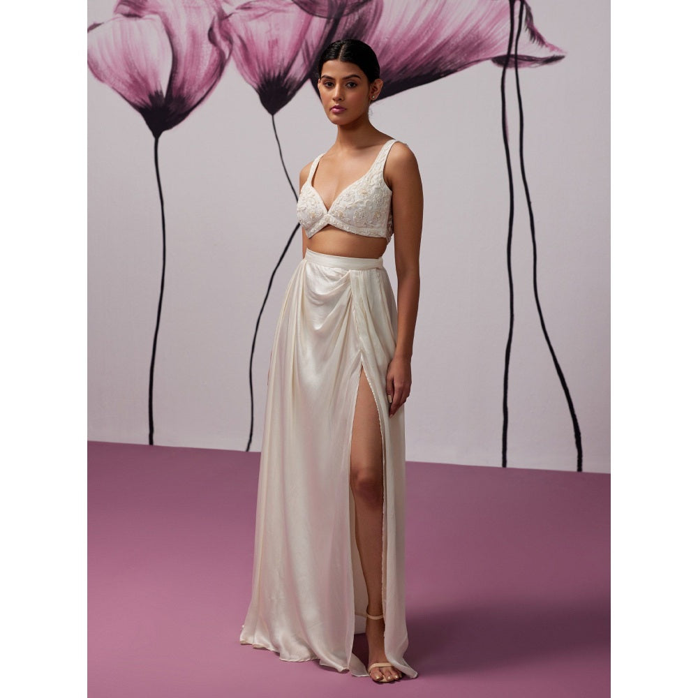 Zoon An Ivory Satin Skirt with Embroidered-Sequined Blouse and Cape (Set of 3)