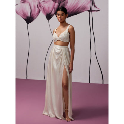 Zoon An Ivory Satin Skirt with Embroidered-Sequined Blouse and Cape (Set of 3)