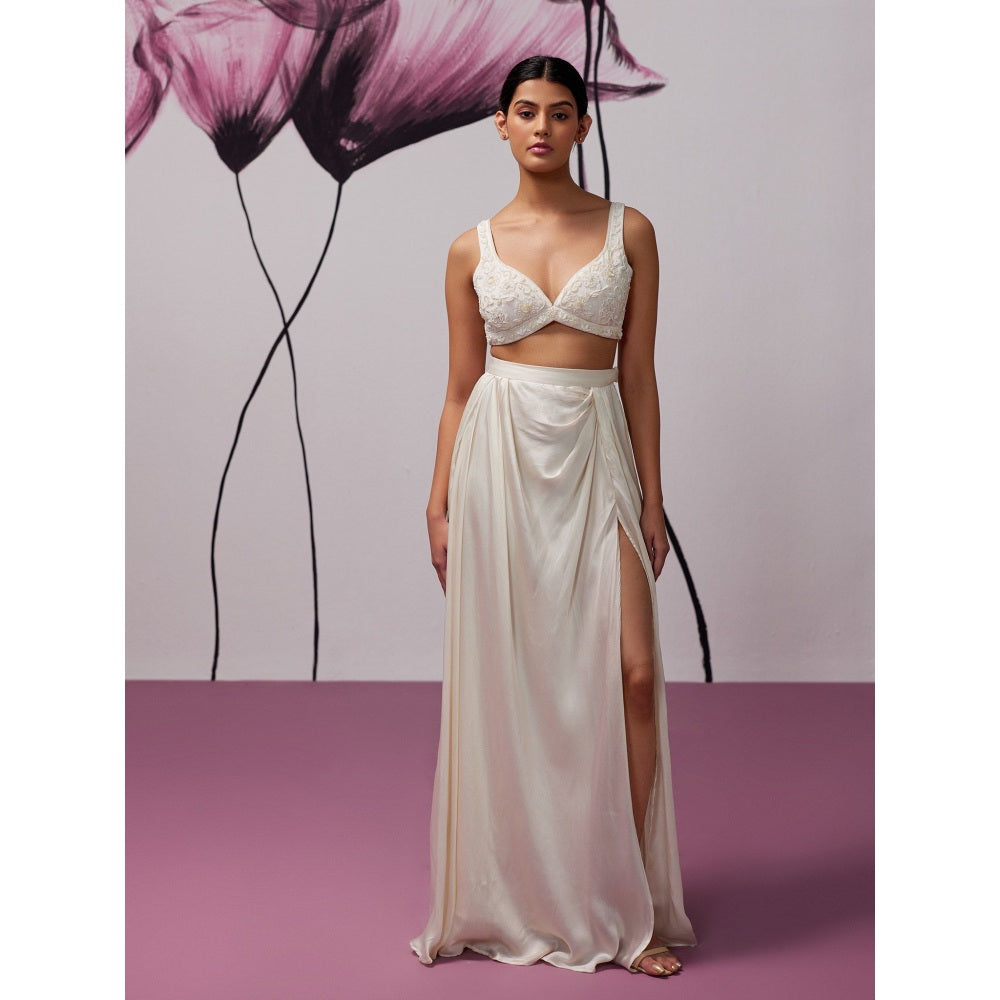 Zoon An Ivory Satin Skirt with Embroidered-Sequined Blouse and Cape (Set of 3)