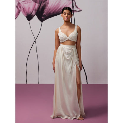 Zoon An Ivory Satin Skirt with Embroidered-Sequined Blouse and Cape (Set of 3)