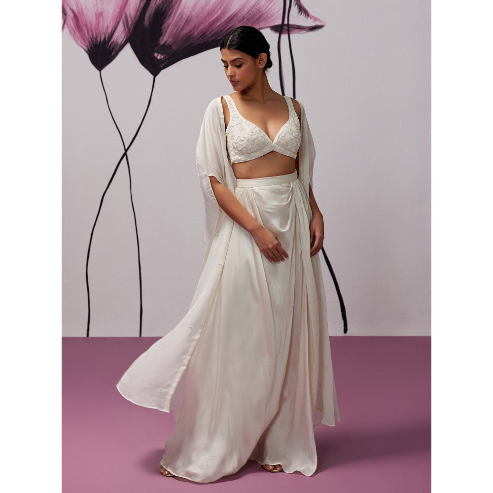 Zoon An Ivory Satin Skirt with Embroidered-Sequined Blouse and Cape (Set of 3)