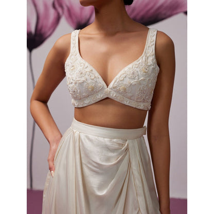 Zoon An Ivory Satin Skirt with Embroidered-Sequined Blouse and Cape (Set of 3)