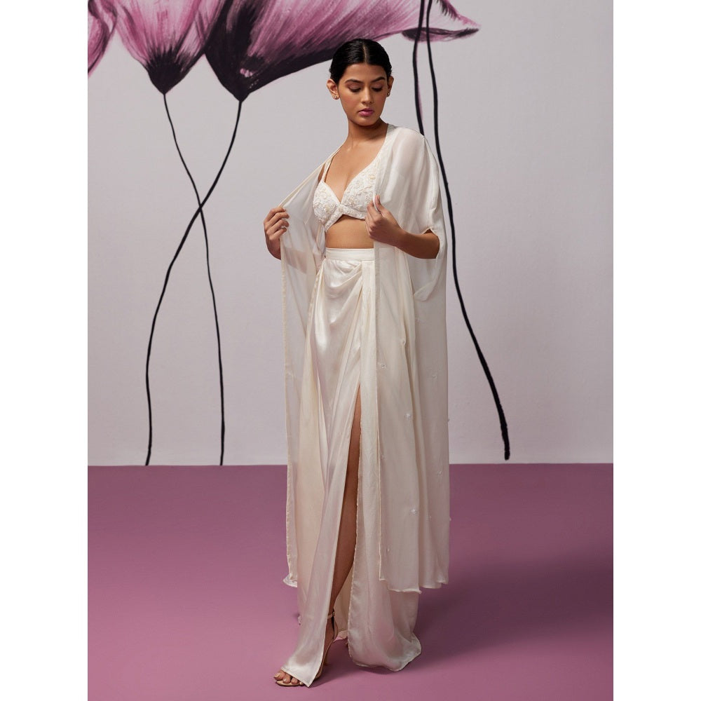 Zoon An Ivory Satin Skirt with Embroidered-Sequined Blouse and Cape (Set of 3)