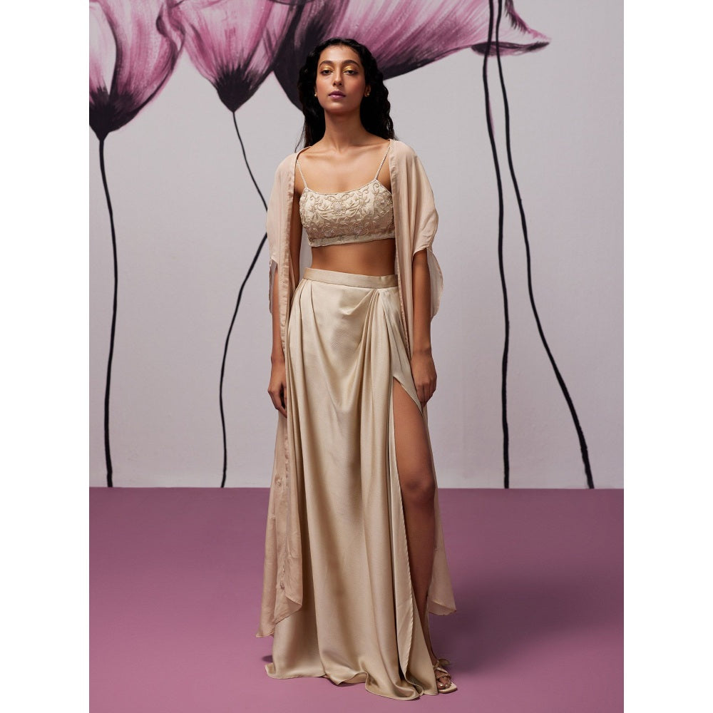 Zoon Beige Satin Skirt with Embroidered-Sequined Blouse and Cape (Set of 3)