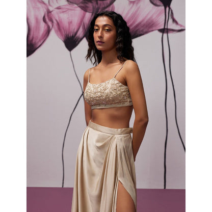 Zoon Beige Satin Skirt with Embroidered-Sequined Blouse and Cape (Set of 3)