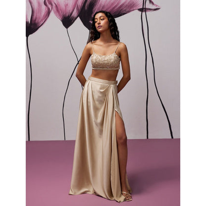 Zoon Beige Satin Skirt with Embroidered-Sequined Blouse and Cape (Set of 3)