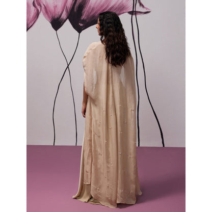 Zoon Beige Satin Skirt with Embroidered-Sequined Blouse and Cape (Set of 3)