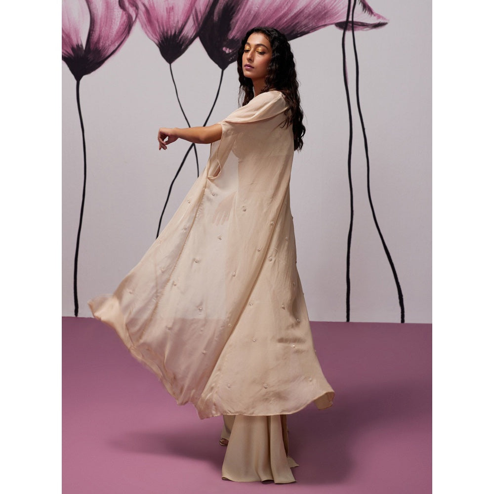 Zoon Beige Satin Skirt with Embroidered-Sequined Blouse and Cape (Set of 3)