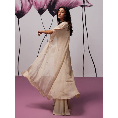 Zoon Beige Satin Skirt with Embroidered-Sequined Blouse and Cape (Set of 3)