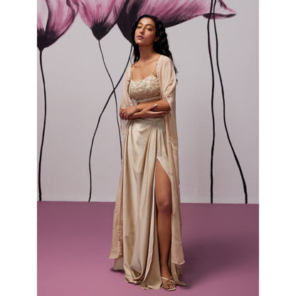 Zoon Beige Satin Skirt with Embroidered-Sequined Blouse and Cape (Set of 3)