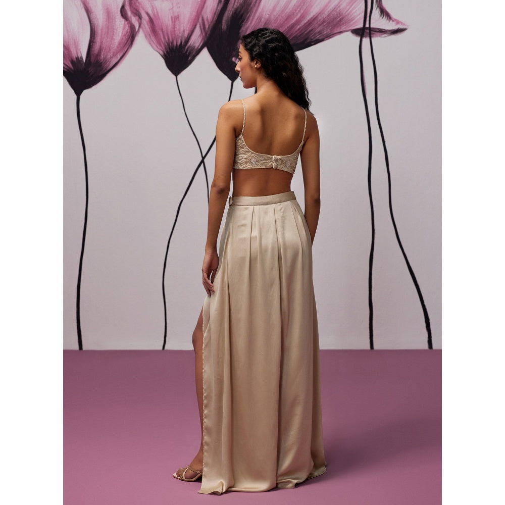 Zoon Beige Satin Skirt with Embroidered-Sequined Blouse and Cape (Set of 3)
