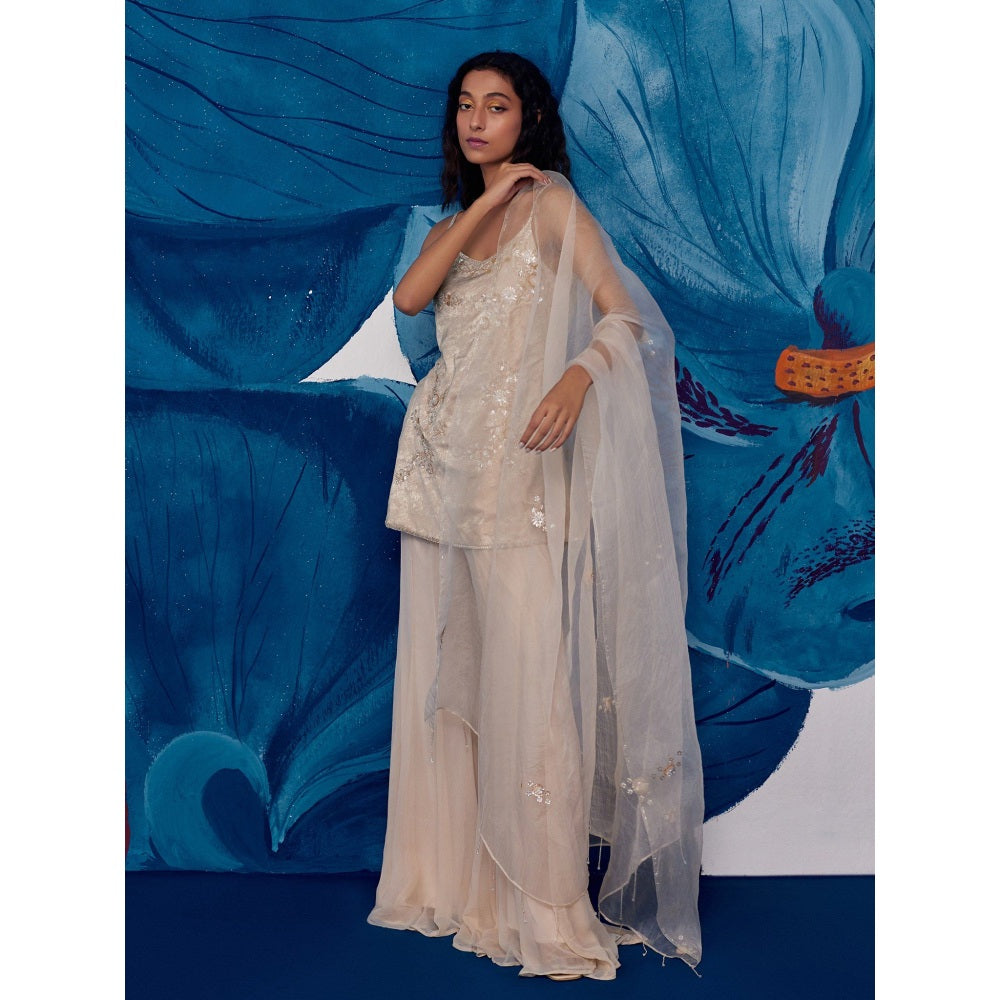 Zoon Cream Color Embroidery Kurti with Sharara and Dupatta (Set of 3)