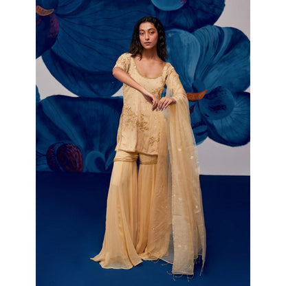 Zoon Golden Embroidery Kurti with Sharara and Dupatta (Set of 3)