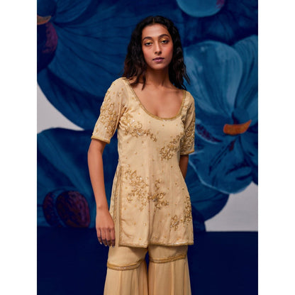 Zoon Golden Embroidery Kurti with Sharara and Dupatta (Set of 3)