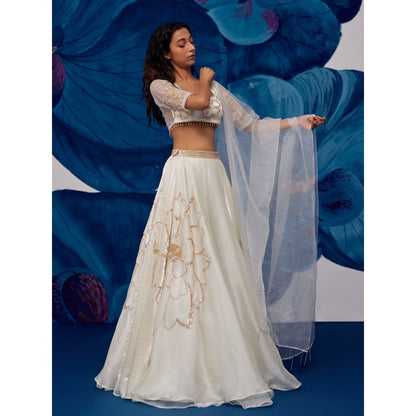 Zoon An Ivory Embroidered-Sequined Lehenga with Blouse and Dupatta (Set of 3)