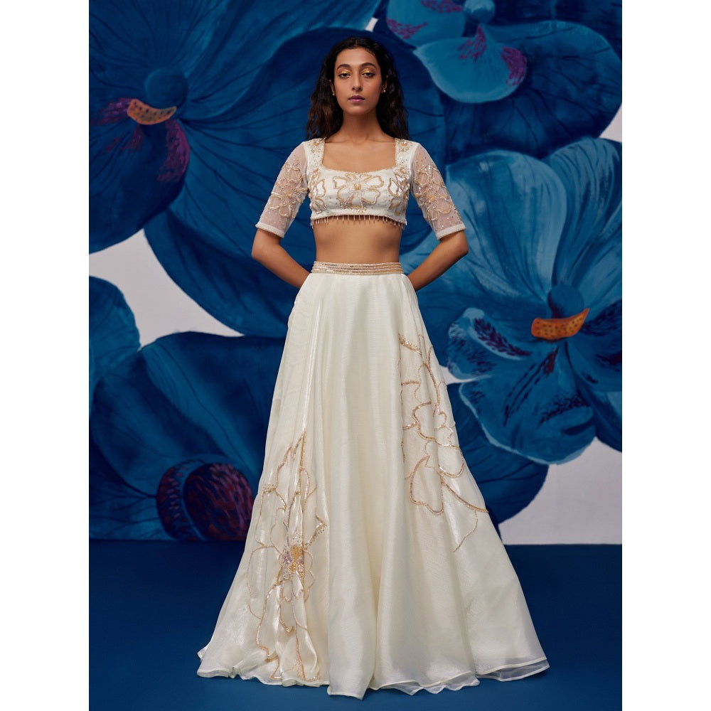 Zoon An Ivory Embroidered-Sequined Lehenga with Blouse and Dupatta (Set of 3)