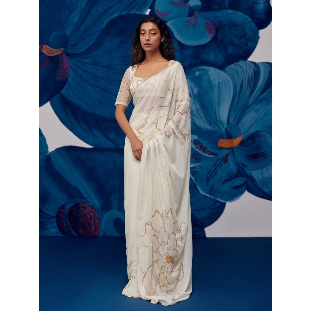 Zoon Ivory Hand Embroidered-Sequined Saree with Stitched Blouse