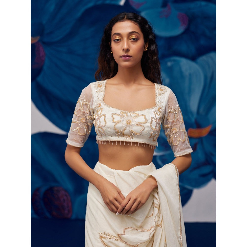 Zoon Ivory Hand Embroidered-Sequined Saree with Stitched Blouse