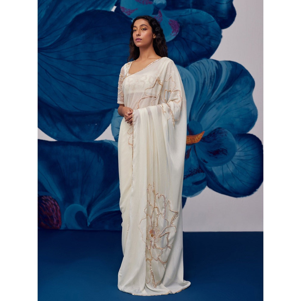 Zoon Ivory Hand Embroidered-Sequined Saree with Stitched Blouse