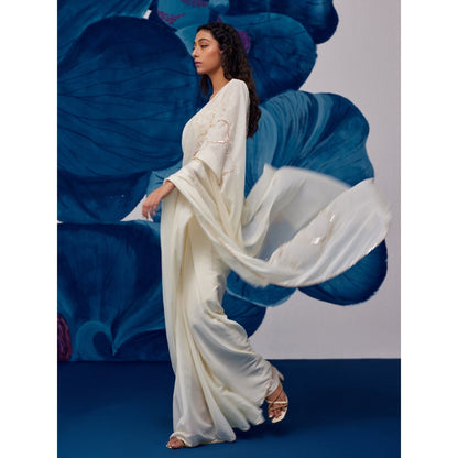 Zoon Ivory Hand Embroidered-Sequined Saree with Stitched Blouse