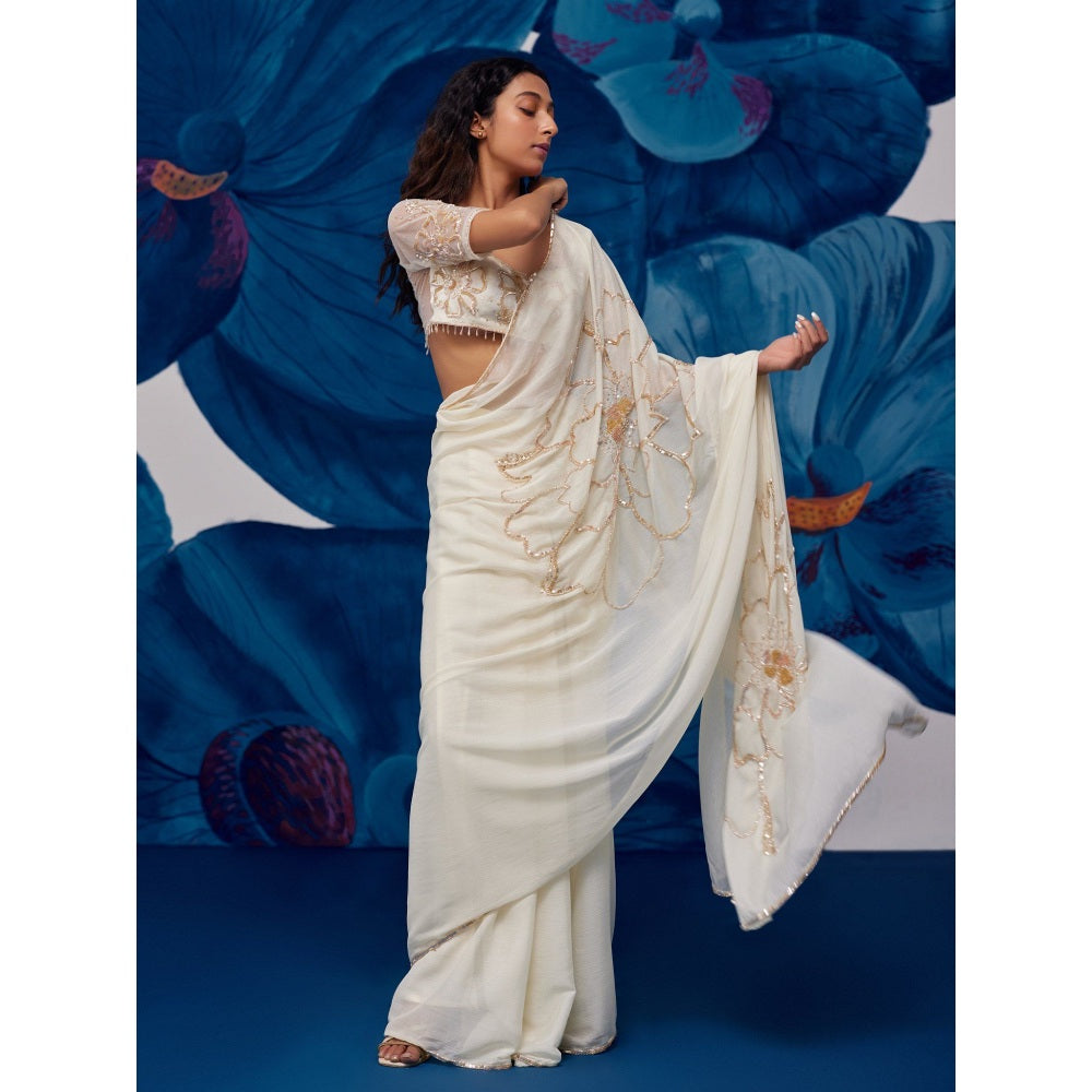 Zoon Ivory Hand Embroidered-Sequined Saree with Stitched Blouse
