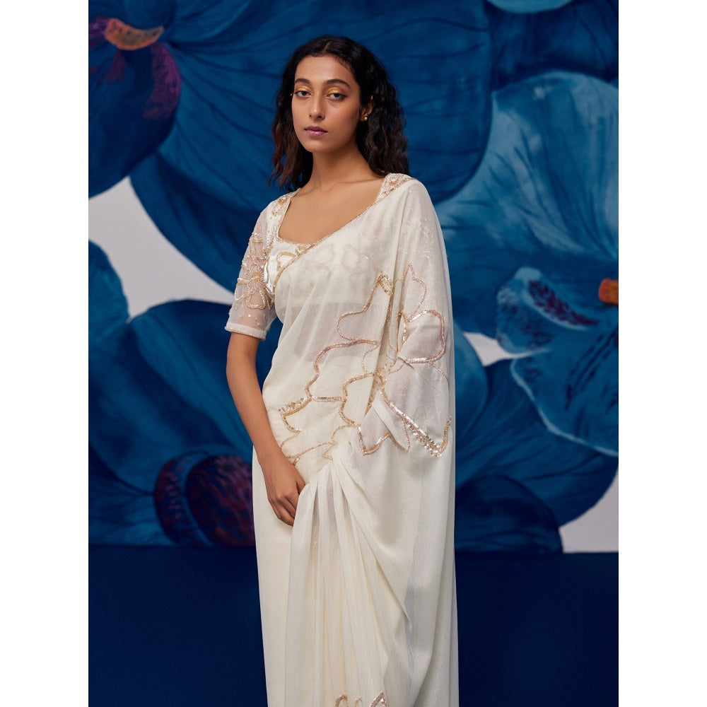 Zoon Ivory Hand Embroidered-Sequined Saree with Stitched Blouse