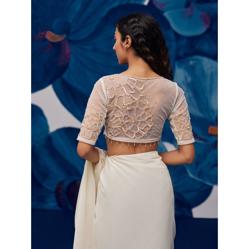Zoon Ivory Hand Embroidered-Sequined Saree with Stitched Blouse