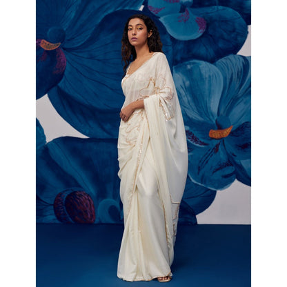 Zoon Ivory Hand Embroidered-Sequined Saree with Stitched Blouse