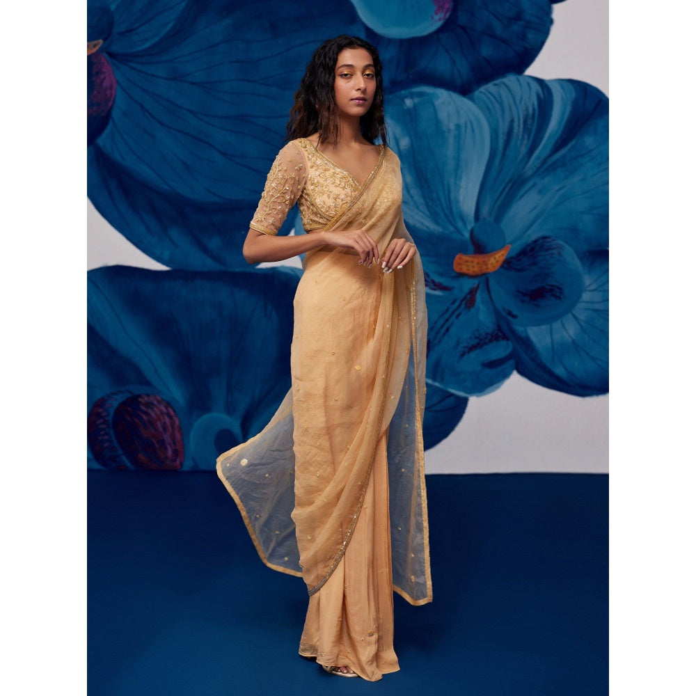 Zoon Golden Pre-Draped Hand Embroidered-Sequined Saree with Stitched Blouse