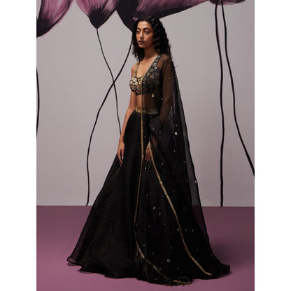 Zoon Black Embellished-Sequined Lehenga with Blouse and Dupatta (Set of 3)